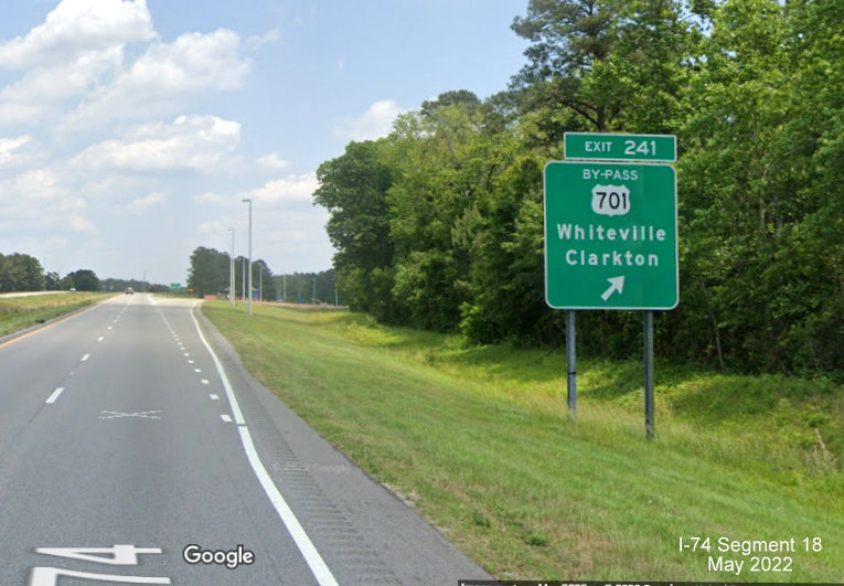 Image of ground mounted ramp sign for Bypass US 701 exit on US 74/76 (Future I-74) 
                                                   East Whiteville Bypass,  Google Maps Street View image, May 2022