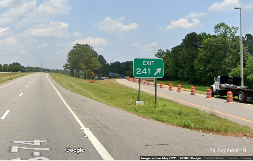 Image of gore sign for Bypass US 701 exit on US 74/76 (Future I-74) 
                                                   East Whiteville Bypass,  Google Maps Street View image, May 2022