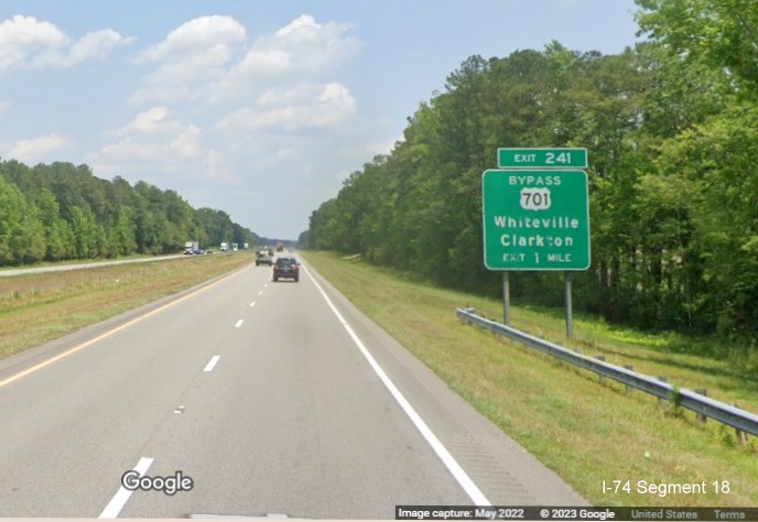 Image of ground mounted 1 mile advance sign for Bypass US 701 exit on US 74/76 (Future I-74) 
                                                   East Whiteville Bypass,  Google Maps Street View image, May 2022