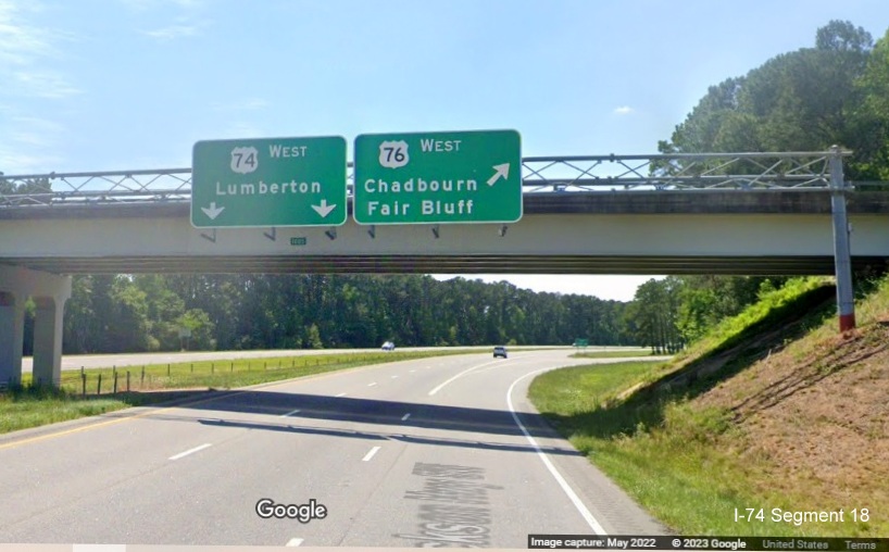 Image of ground mounted exit sign for the US 76 West exit on the US 74/76 Whiteville Bypass, Google Maps Street View image, May 2022