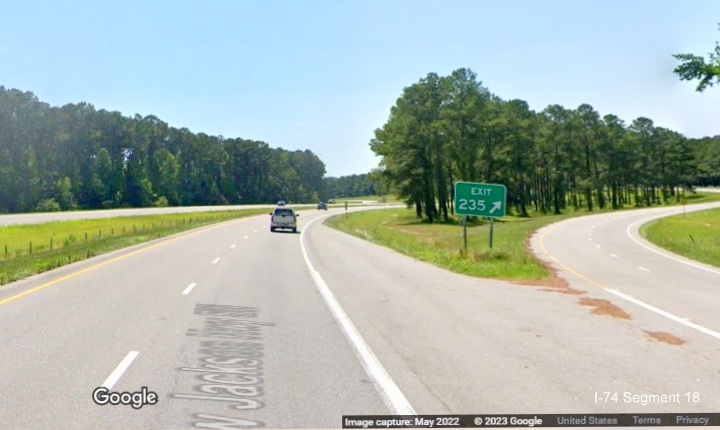 Image of gore sign for the US 76 West exit on the US 74/76 Whiteville Bypass, Google Maps Street View image, May 2022