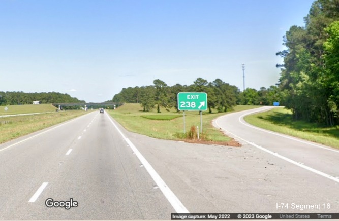 Image of gore sign for Union Valley Road exit on US 74/76 (Future I-74) East in Whiteville, Google Maps Street View image, May 2022