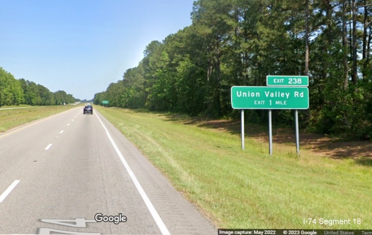 Image of ground mounted 1 mile advance sign for Union Valley Road exit on US 74/76 (Future I-74) East in Whiteville, Google Maps Street View image, May 2022