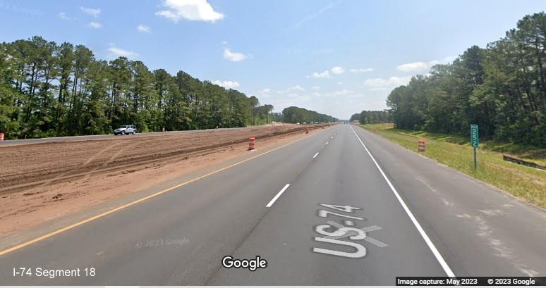 Image of work zone of the Lake Waccamaw interchange project along US 74/76 East, Google Maps Street View, May 2023