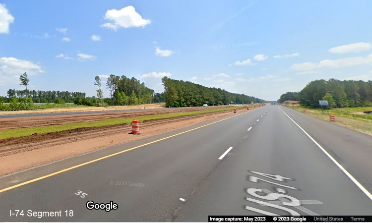 Image of approaching future site of the Lake Waccamaw interchange to US 74/76 West, Google Maps Street View, May 2023