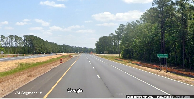 Image of approaching the current Old Lake Road intersection to be removed as part of the Lake Waccamaw
        interchange project along US 74/76 East, Google Maps Street View, May 2023