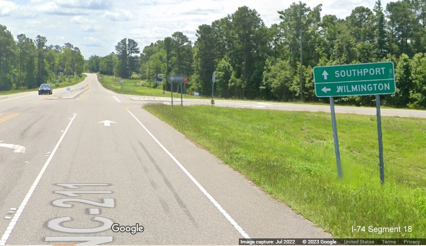 Image of ground mounted destination sign for US 74/76 (Future I-74) East on NC 211 South in Supply, Google Maps Street View image, July 2022