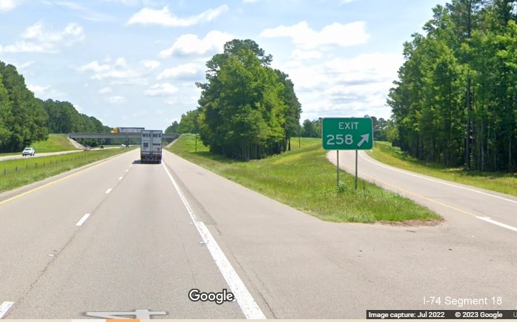 Image of gore sign for NC 211 exit on US 74/76 (Future I-74) East in Supply, Google Maps Street View image, July 2022