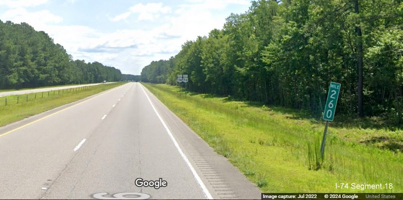 Image of Mile 260 marker along US 74/76 East beyond NC 211 exit in Brunswick County, Google Maps Street View, July 2022