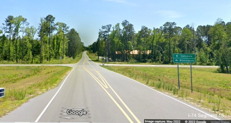 Image of destination guide sign for ramp to US 74/76 East from Hallsboro Road, Google Maps Street View, May 2022