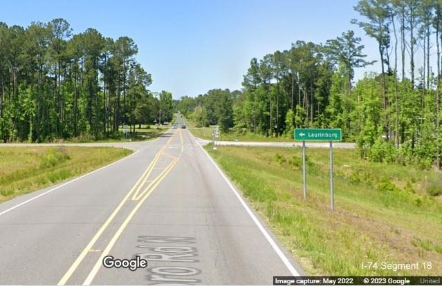 Image of destination guide sign for ramp to US 74/76 West from Hallsboro Road, Google Maps Street View, May 2022