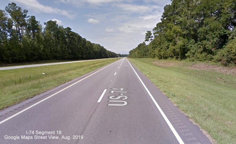 Image of US 74/76 West Whiteville Bypass showing shoulders not interstate standard, Google Maps Street View image, August 2019