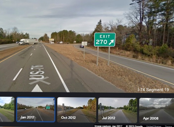 Image of former gore sign at the NC 87 intersection with US 74/76 West in Delco, Google 
        Maps Street View image, January 2017