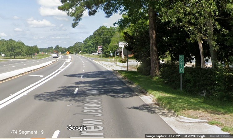 Image of I-74 mile marker 270 on US 74/76 West in Delco, Google 
        Maps Street View image, January 2017