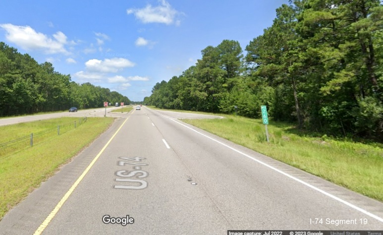 Image of turnaround at first intersection along US 74/76 
      after NC 211 at milemarker 260, Google Maps Street View image, July 2022