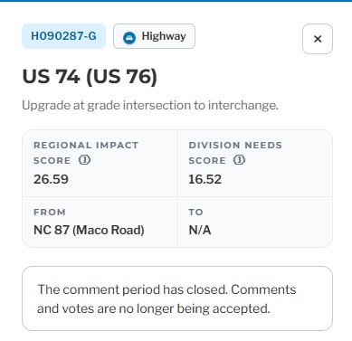 Image of US 74/76 upgrade project H090287-AG listed among potential 2028-2037 
	  STIP projects by NCDOT, July 2026