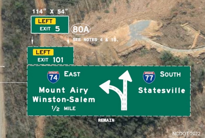 Image of plan for new exit number for I-74 exit off of I-77 in Surry County using I-74 
        mileage, NCDOT August 2022