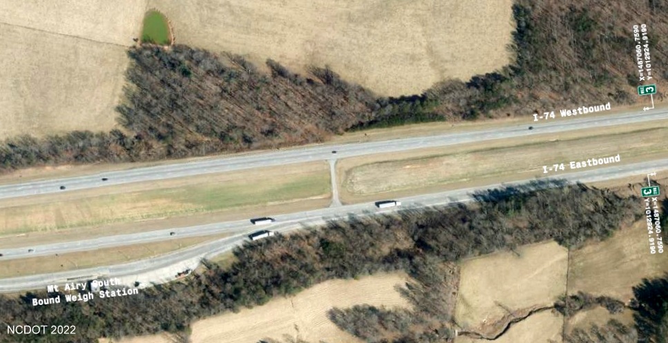 Image of sign location plan for proposed I-74 3 Mile markers on I-74/I-77 in Surry County, 
       NCDOT August 2022