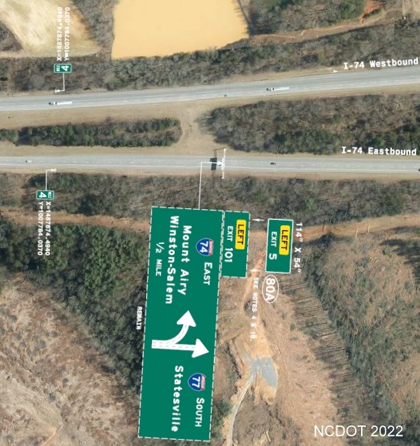 Image of sign location plan for proposed I-74 4 Mile markers on I-74/I-77 in Surry County just prior
        or after I-74/I-77 interchange, NCDOT August 2022