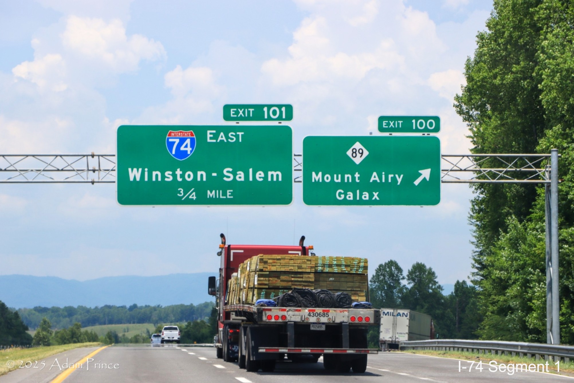 Image of I-74 East on overhead signage at NC 89 exit in Surry 
	  County, Adam Prince, June 2025