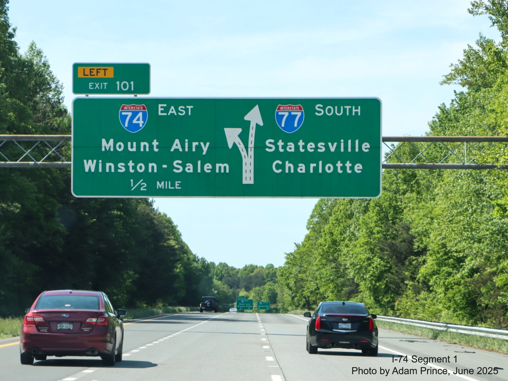 Image of I-74 East on overhead signage at NC 89 exit in Surry 
	  County, Adam Prince, June 2025