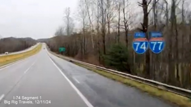 Image of East I-74/South I-77 reassurance markers still in place after Rest Area on-ramp in 
      Surry County, Google Maps Street View image, December 2024