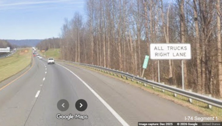 Image of unchanged Mile 102 marker on I-74 West/I-77 North in Surry County,
Google Maps Street View, December 2025