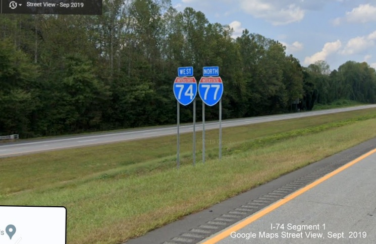 I-74 and I-77 reassurance markers after I-74 West merge with I-77 North in Surry County, Google Maps Street View image, September 2019