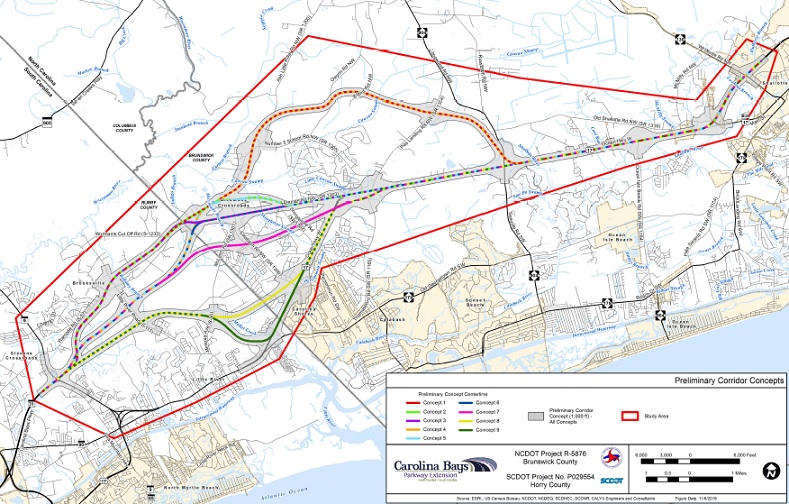 NCDOT map of 9 alternative corridors for Carolina Bays Parkway Extension (Future I-74) project published in Dec. 2019