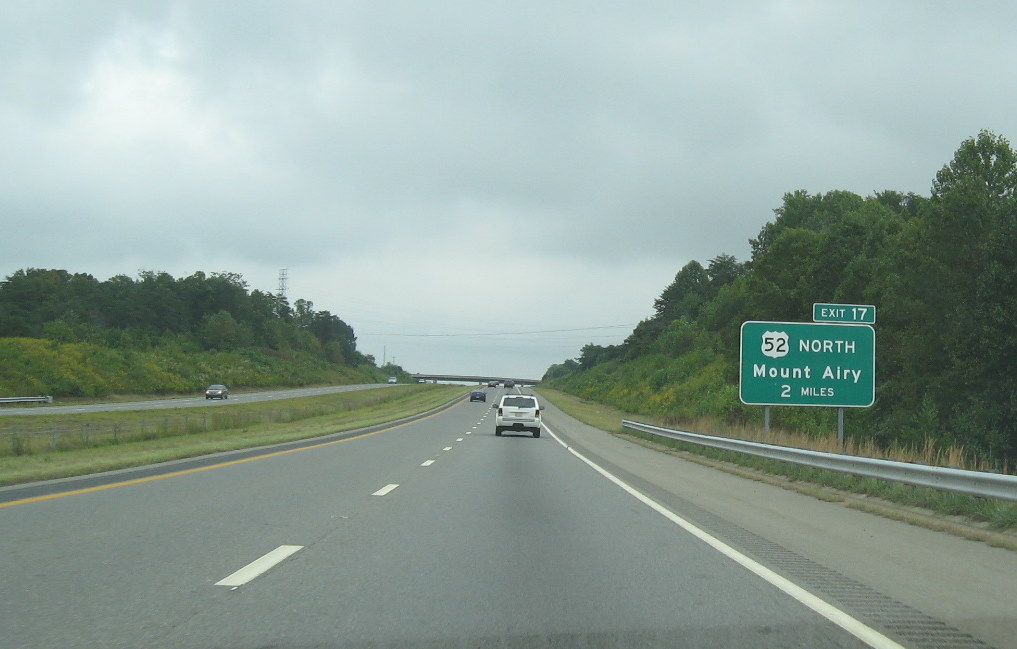 Photo of 2 Mile Advance Exit Sign for US 52 on I-74 East, Mount Airy