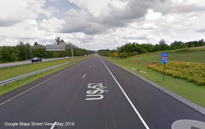 Google Maps Street View image of End I-74 sign on US 52 South in Mount Airy, taken in May 2018