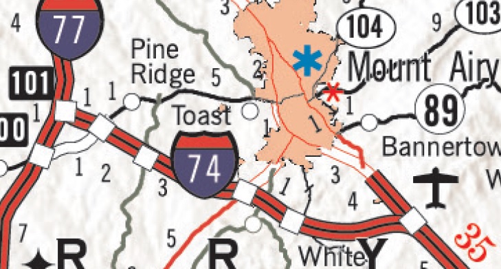 Section of NCDOT 2017-2018 Transportation Map showing I-74 Segment 2 near Mount Airy