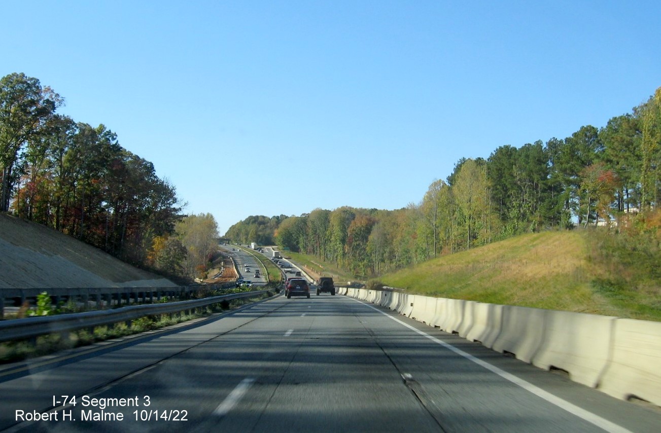 Image of widening of US 52 North lanes in anticipation of completion of I-74/Winston-Salem Northern Beltway
         interchange project in Rural Hall, October 2022
