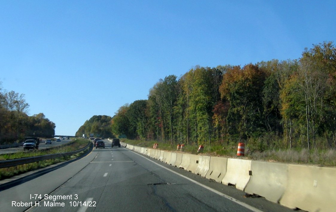 Image of widening of US 52 North lanes approaching the Westinghouse Road exit in anticipation of completion of I-74/Winston-Salem Northern Beltway
         interchange project in Rural Hall, October 2022