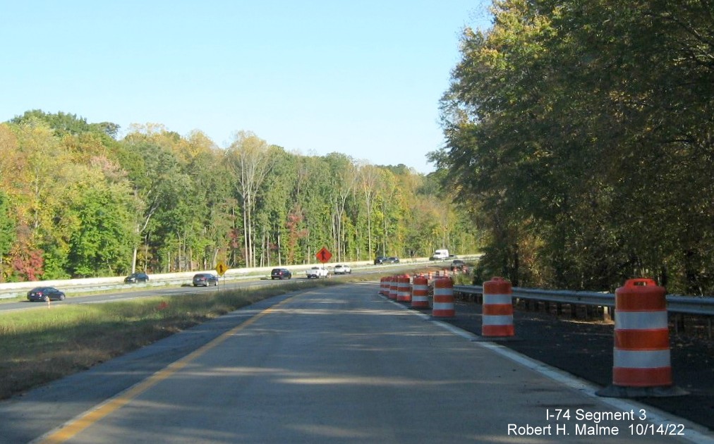 Image of entering US 52 South lanes from Westinghouse Road exit at start of widening project in 
        anticipation of completion of I-74/Winston-Salem Northern Beltway interchange project in Rural Hall, October 2022