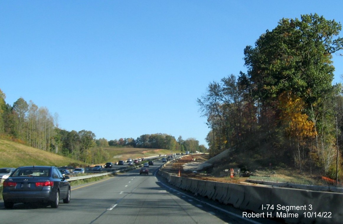 Image of US 52 South lanes being widened south of Westinghouse Road exit in 
        anticipation of completion of I-74/Winston-Salem Northern Beltway interchange project in Rural Hall, October 2022