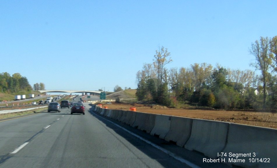 Image of end of widening along US 52 South at NC 65 exit in 
        anticipation of completion of I-74/Winston-Salem Northern Beltway interchange project in Rural Hall, October 2022