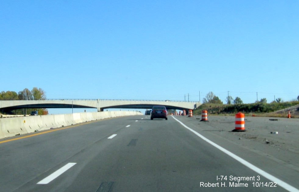 Image of new US 52 South lanes approaching new NC 65 bridge prior to the future 
       I-74/Winston-Salem Northern Beltway interchange in Rural Hall, October 2022