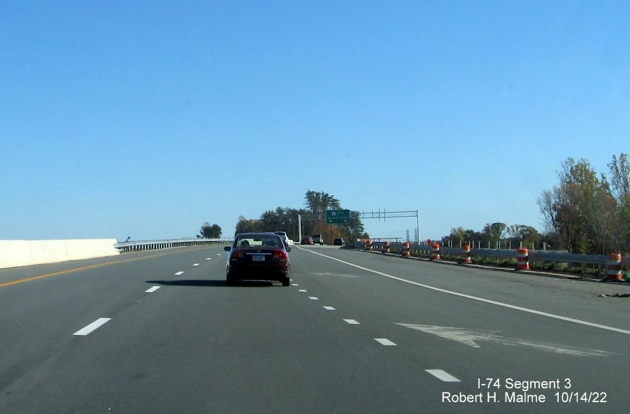 Image of new US 52 South lanes after the NC 65 bridge approaching the future 
       I-74 East/Winston-Salem Northern Beltway interchange in Rural Hall, October 2022
