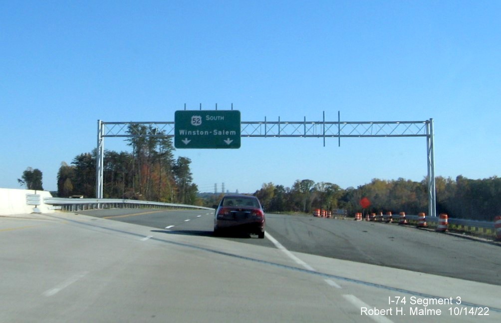 Image of signage on US 52 South at the future 
       I-74 East/Winston-Salem Northern Beltway interchange in Rural Hall, October 2022