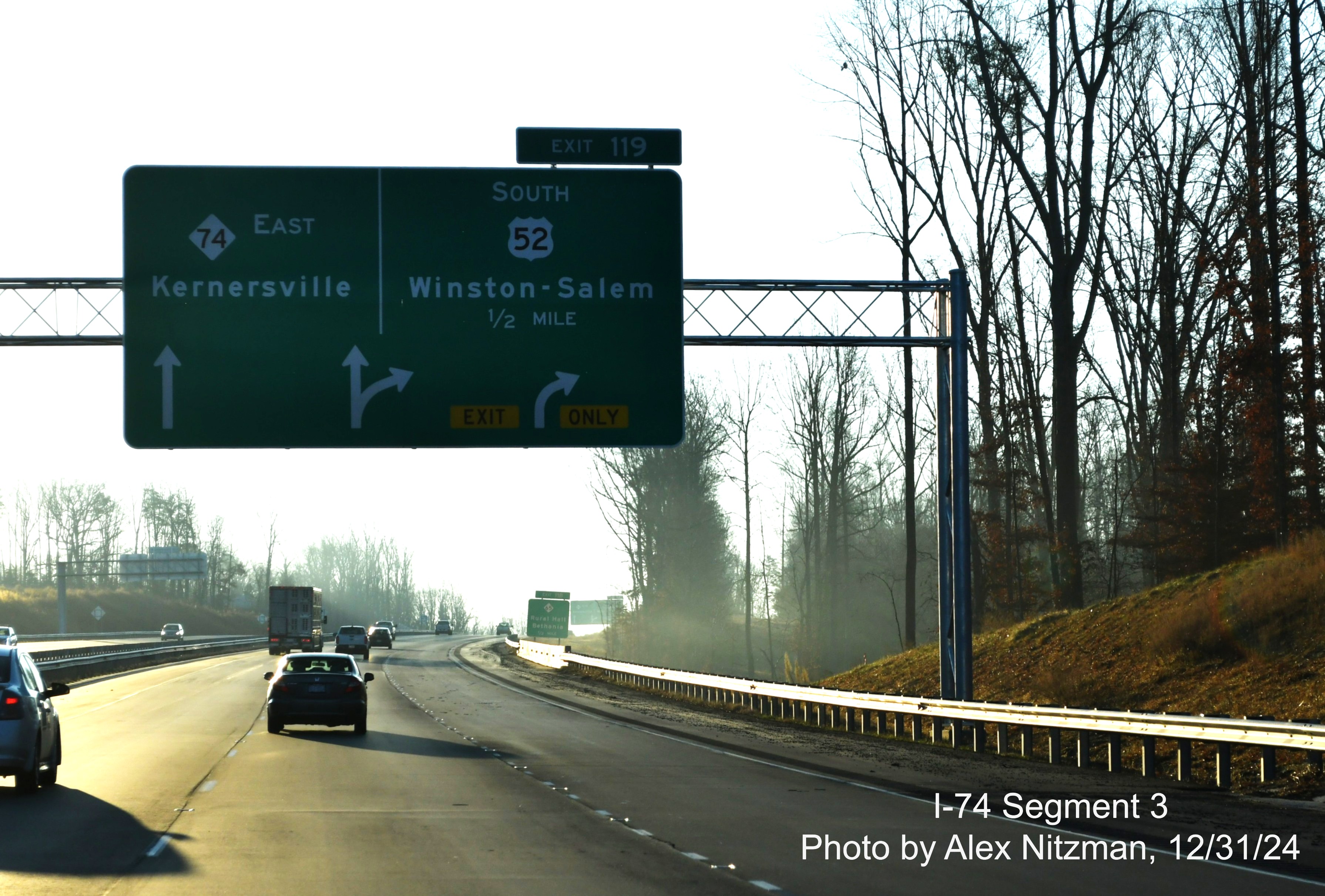 Image of newly placed 1 1/4 Miles advance overhead sign for Westinghouse Road exit on 
	  US 52 North (Future I-74 West) in Rural Hall, by Alex Nitzman