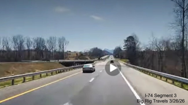 Image of new Toms Creek bridge in Surry County on US 52 South, 
	  screen grab from Big Rig Travels video, March 2026