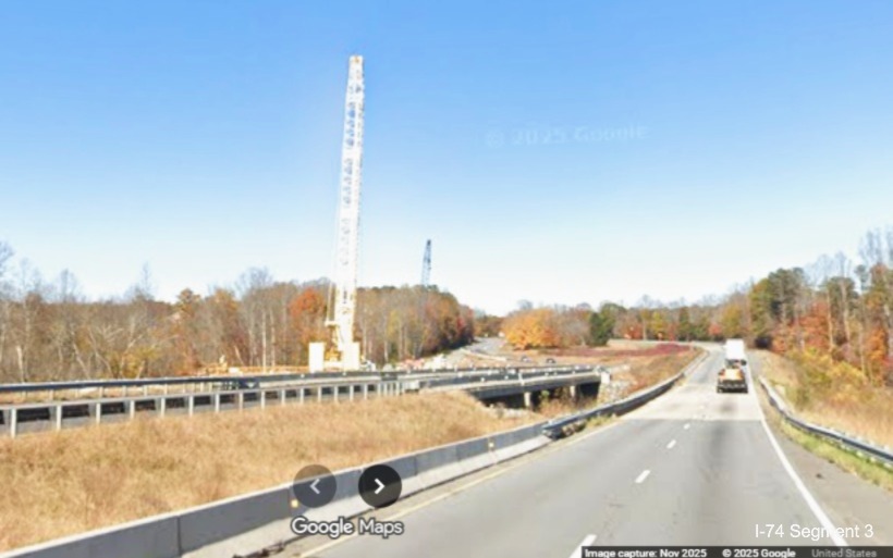 Image of bridge construction in Surry County from US 52 North, 
	  Google Maps Street View, November 2025