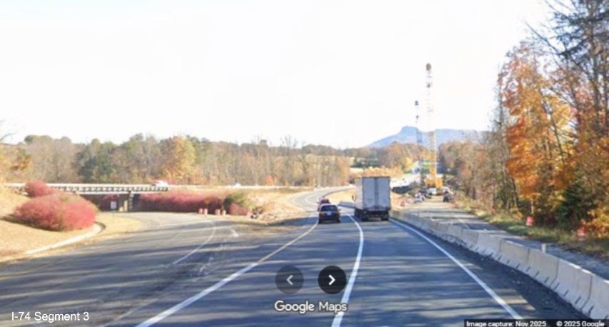 Image of bridge construction in Surry County from US 52 North, 
	  Google Maps Street View, November 2025
