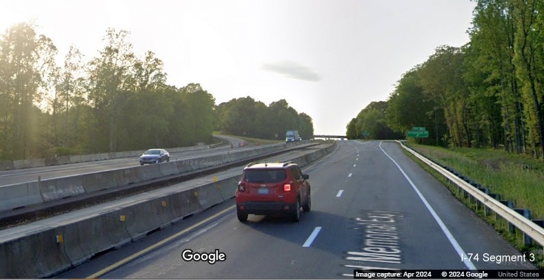 Image of traffic on US 52 North (Future I-74 West) near the Westinghouse Road using 1/2 of 
        permanent lanes while other half is for current US 52 South traffic, Google Maps Street View, April 2024