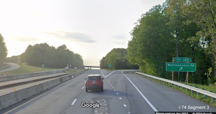 Image of traffic on US 52 North (Future I-74 West) at the Westinghouse Road exit using 1/2 of 
        permanent lanes while other half is for current US 52 South traffic, Google Maps Street View, April 2024