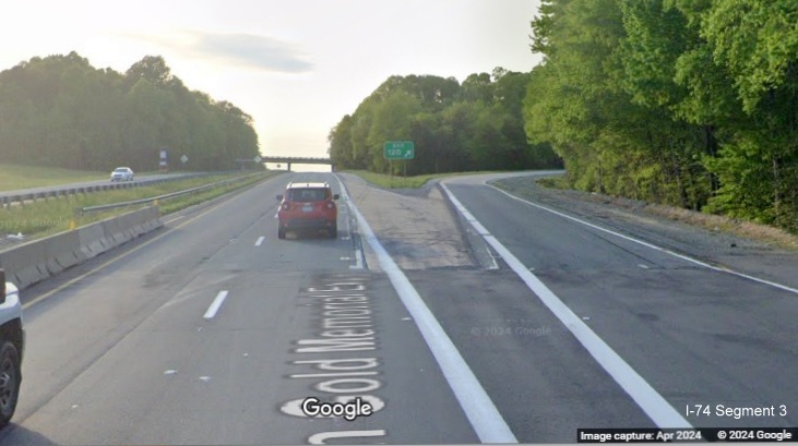 Image of traffic on US 52 North at end of the Beltway interchange construction zone after the 
        Westinghouse Road off-ramp, Google Maps Street View, April 2024