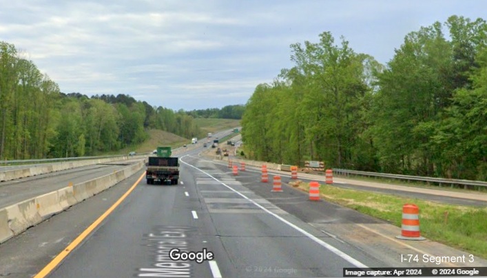 Image of traffic on US 52 South at the on-ramp from Westinghouse Road at the start of the 
        Beltway interchange construction zone, Google Maps Street View, April 2024