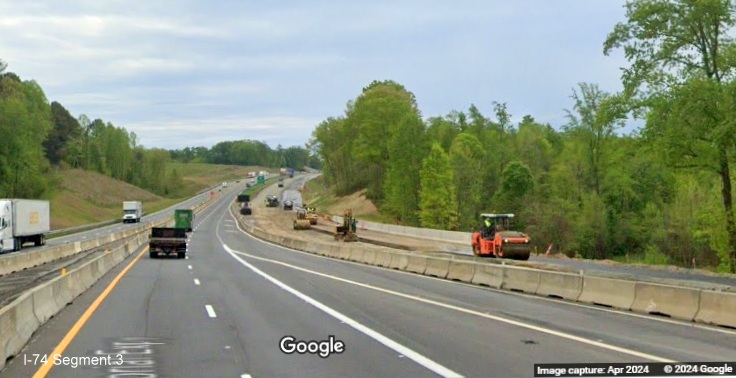 Image of traffic on US 52 South after the on-ramp from Westinghouse Road in the 
        Beltway interchange construction zone, Google Maps Street View, April 2024