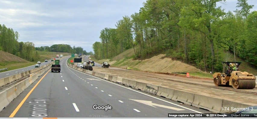 Image of construction on future US 52 South (I-74 East) lanes after the Westinghouse Road 
        exit in the Beltway interchange construction zone, Google Maps Street View, April 2024